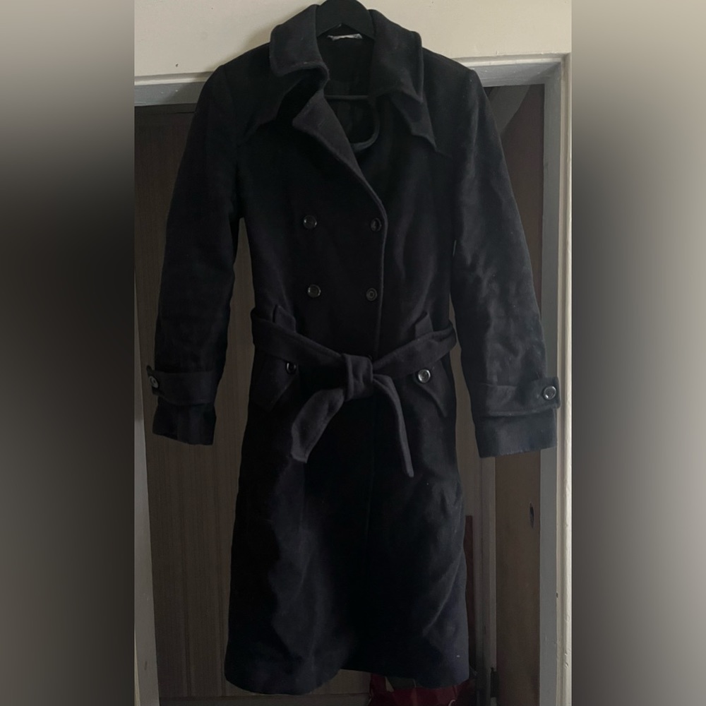 Vintage belted black cashmere and angora Armonia double-breasted peacoat